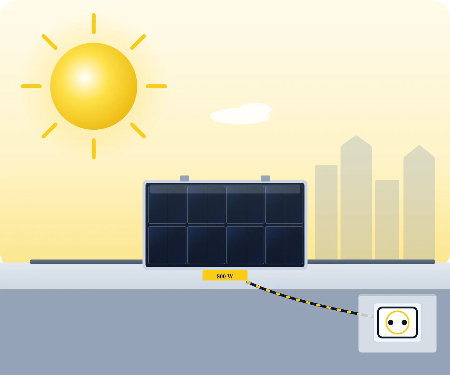 Balkonkraftwerk 2026: Sonne strahlt auf ein 800-Watt-Solarmodul am Balkongeländer, der Strom fließt über das Kabel in die Steckdose.