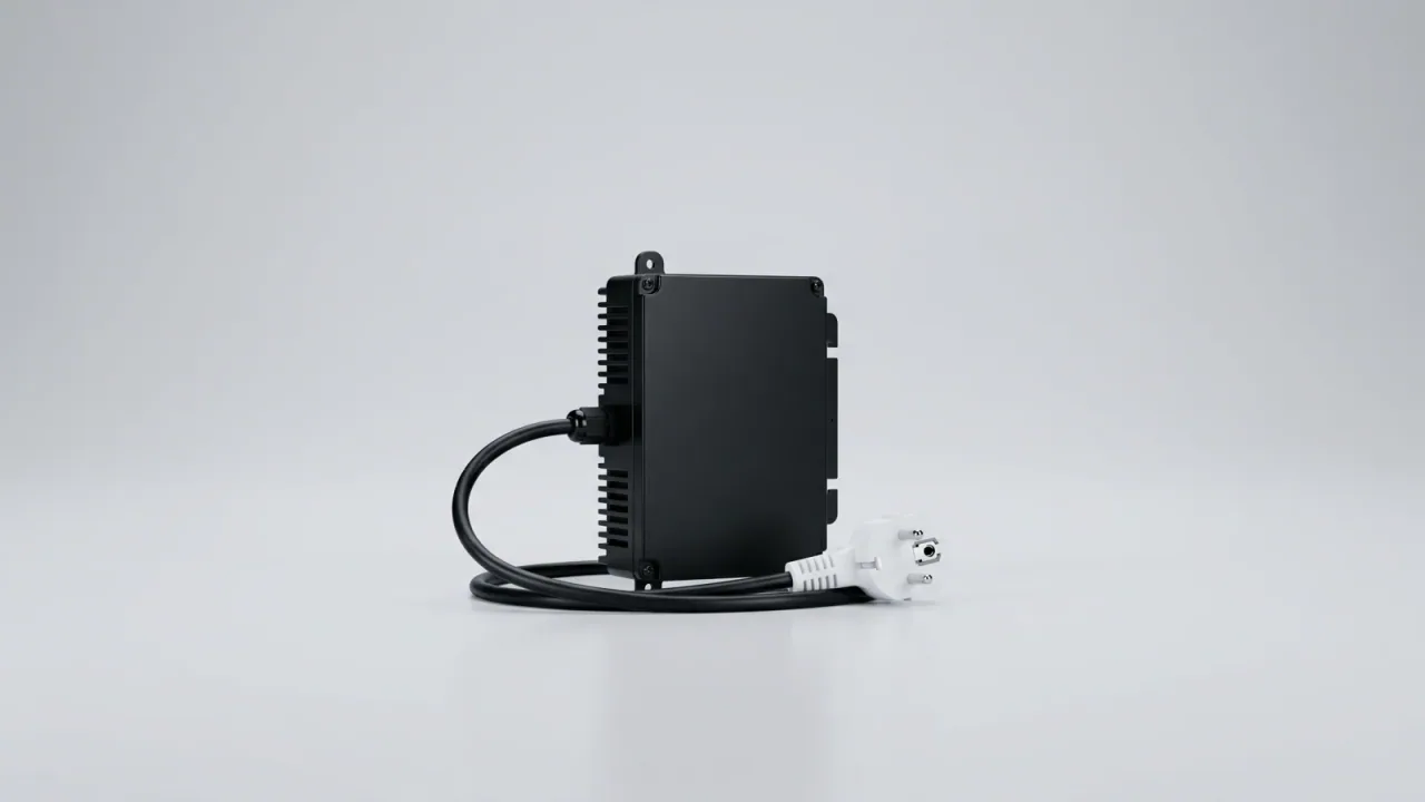 Ein schwarzer Mikrowechselrichter mit Kabel und weißem Schuko-Stecker auf heller Studiofläche — Sinnbild für die 800-Watt-Grenze beim Balkonkraftwerk.