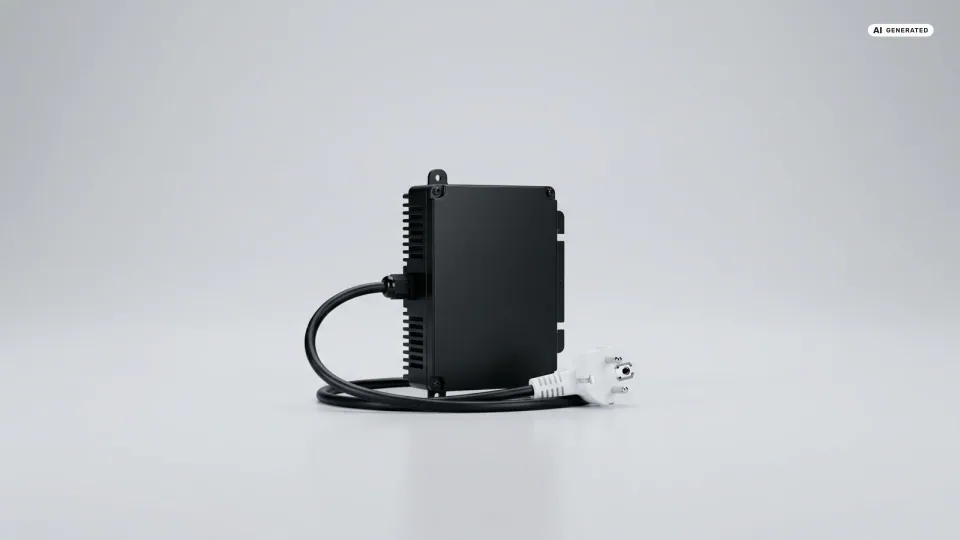Ein schwarzer Mikrowechselrichter mit Kabel und weißem Schuko-Stecker auf heller Studiofläche — Sinnbild für die 800-Watt-Grenze beim Balkonkraftwerk.
