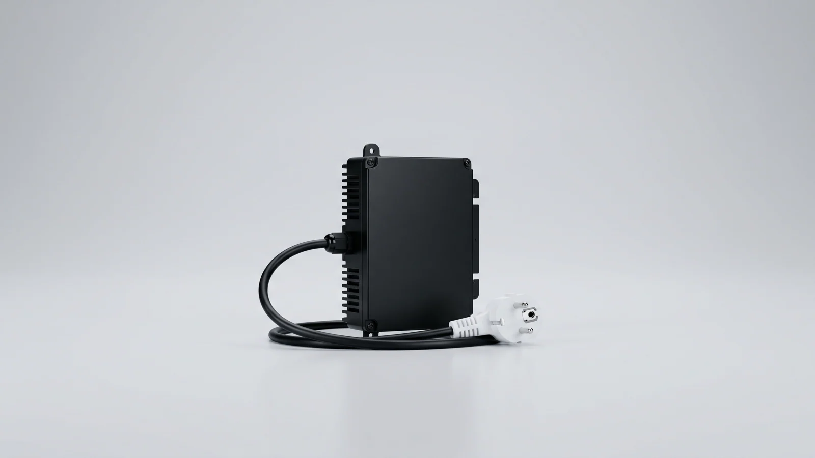 Ein schwarzer Mikrowechselrichter mit Kabel und weißem Schuko-Stecker auf heller Studiofläche — Sinnbild für die 800-Watt-Grenze beim Balkonkraftwerk.