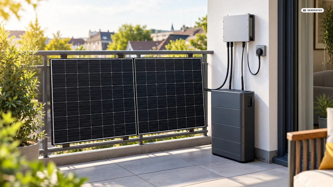 Anker Solarbank Anschlussplan: Zwei Solarmodule am Balkongeländer, darunter ein dunkler Speicherblock auf dem Boden. Von ihm führen zwei Kabel zu einem flachen Mikrowechselrichter an der Wand, ein drittes Kabel geht zur Steckdose — Sinnbild, kein Produktfoto.