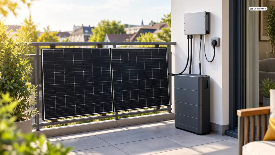 Anker Solarbank Anschlussplan: Zwei Solarmodule am Balkongeländer, darunter ein dunkler Speicherblock auf dem Boden. Von ihm führen zwei Kabel zu einem flachen Mikrowechselrichter an der Wand, ein drittes Kabel geht zur Steckdose — Sinnbild, kein Produktfoto.
