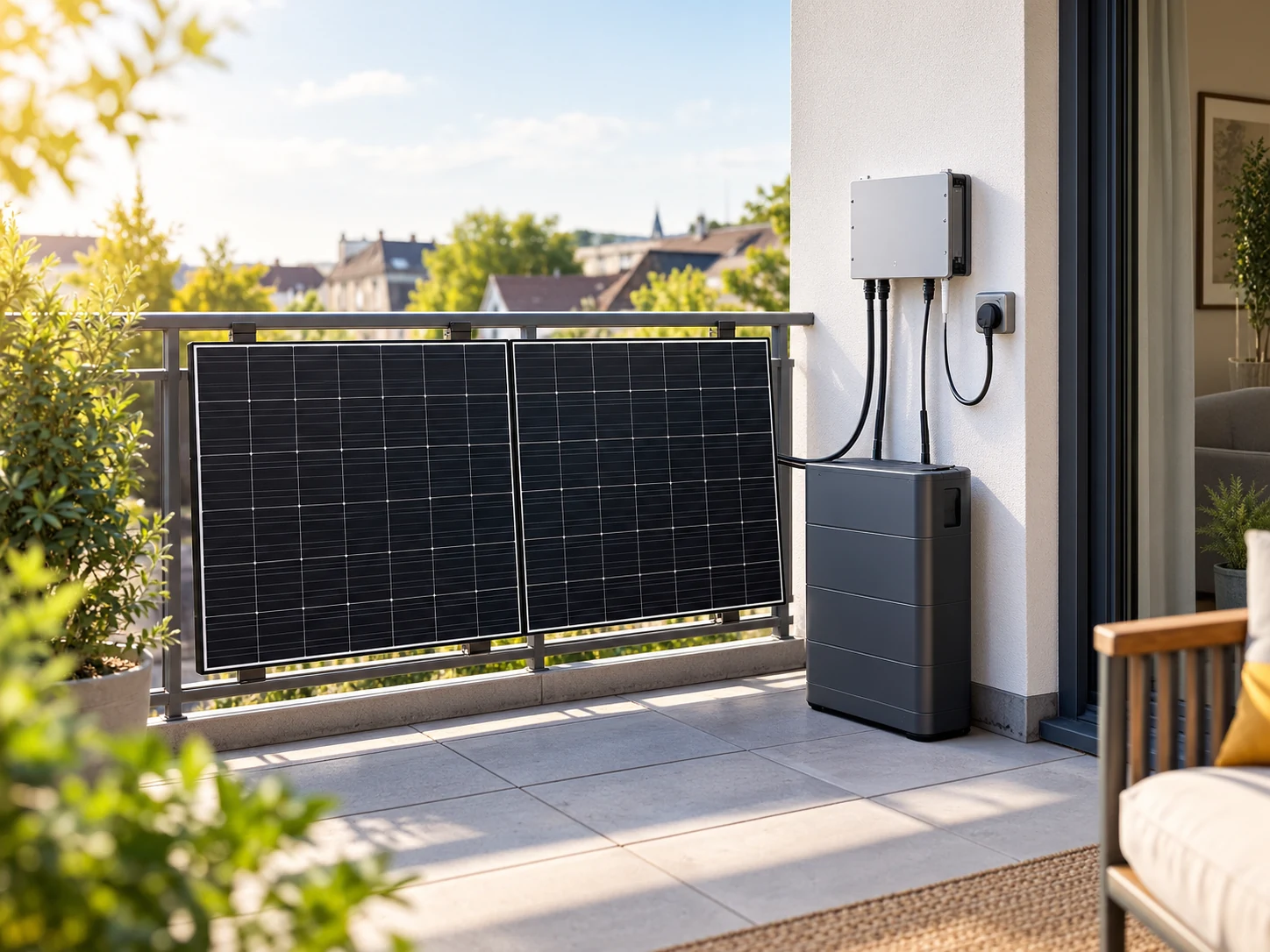 Anker Solarbank Anschlussplan: Zwei Solarmodule am Balkongeländer, darunter ein dunkler Speicherblock auf dem Boden. Von ihm führen zwei Kabel zu einem flachen Mikrowechselrichter an der Wand, ein drittes Kabel geht zur Steckdose — Sinnbild, kein Produktfoto.