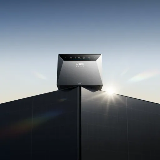 Anker SOLIX Solarbank-Speicher mit Logo auf einem Dach im Sonnenlicht — Bild zur Frage, wo Anker SOLIX hergestellt wird.