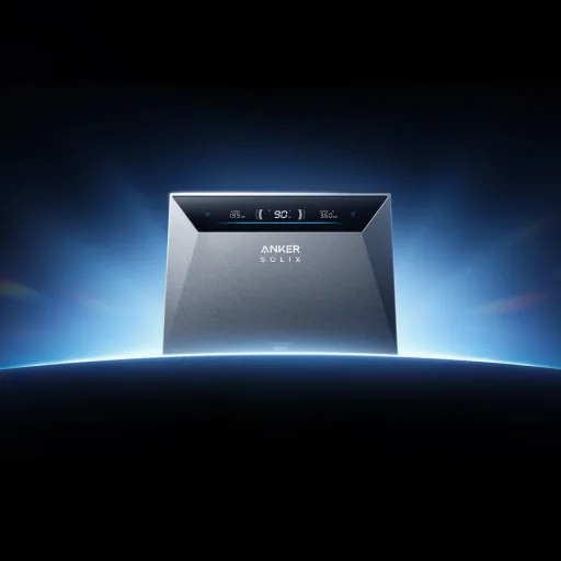 Die Anker SOLIX Solarbank 4 Pro, dramatisch vor schwarzem Hintergrund mit blauem Lichtschein in Szene gesetzt; Display zeigt 90 Prozent Ladestand.