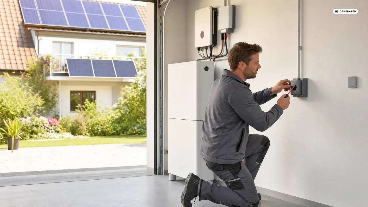 Anker Solarbank Max anschließen lassen: Ein Elektriker montiert in einer hellen Garage eine Energiesteckdose neben einem weißen Heimspeicher aus zwei Modulen, draußen ein Hausdach mit Solarmodulen
