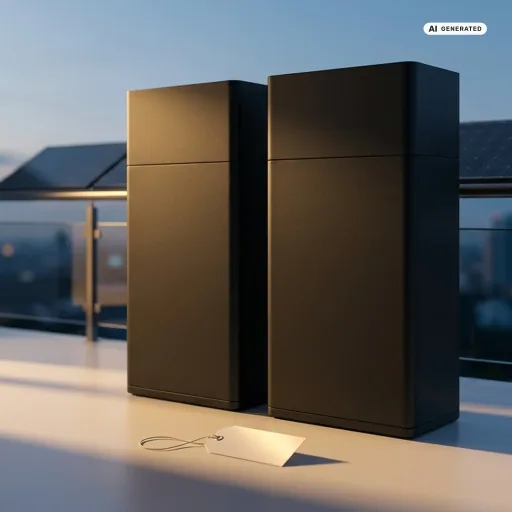 Zwei Anker-SOLIX-Solarbank-Speicher nebeneinander vor hellem Hintergrund, davor ein Preisschild-Symbol — Sinnbild für die Anker SOLIX Solarbank Preise 2026.