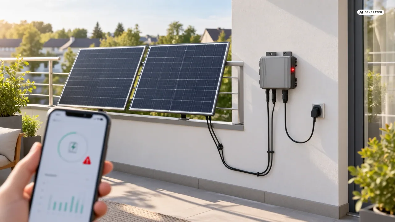 APsystems EZ1-M blinkt rot: Neben zwei Solarmodulen am Balkongeländer hängt an einer hellen Hauswand ein flacher, silbergrauer Mikrowechselrichter, an dessen Seite ein kleines rotes Licht leuchtet. Im Vordergrund hält eine Hand ein Smartphone mit einer Energie-App und einem Warnsymbol — Sinnbild, kein Produktfoto.