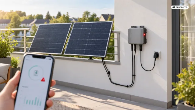 APsystems EZ1-M blinkt rot: Neben zwei Solarmodulen am Balkongeländer hängt an einer hellen Hauswand ein flacher, silbergrauer Mikrowechselrichter, an dessen Seite ein kleines rotes Licht leuchtet. Im Vordergrund hält eine Hand ein Smartphone mit einer Energie-App und einem Warnsymbol — Sinnbild, kein Produktfoto.