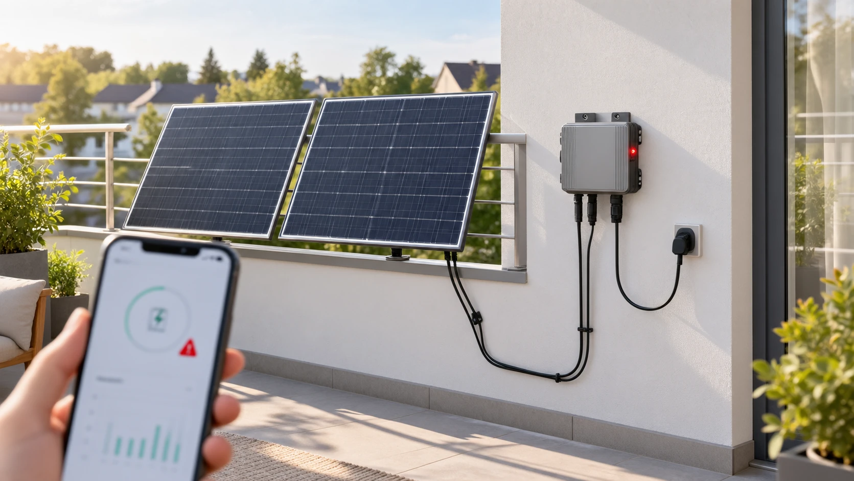 APsystems EZ1-M blinkt rot: Neben zwei Solarmodulen am Balkongeländer hängt an einer hellen Hauswand ein flacher, silbergrauer Mikrowechselrichter, an dessen Seite ein kleines rotes Licht leuchtet. Im Vordergrund hält eine Hand ein Smartphone mit einer Energie-App und einem Warnsymbol — Sinnbild, kein Produktfoto.