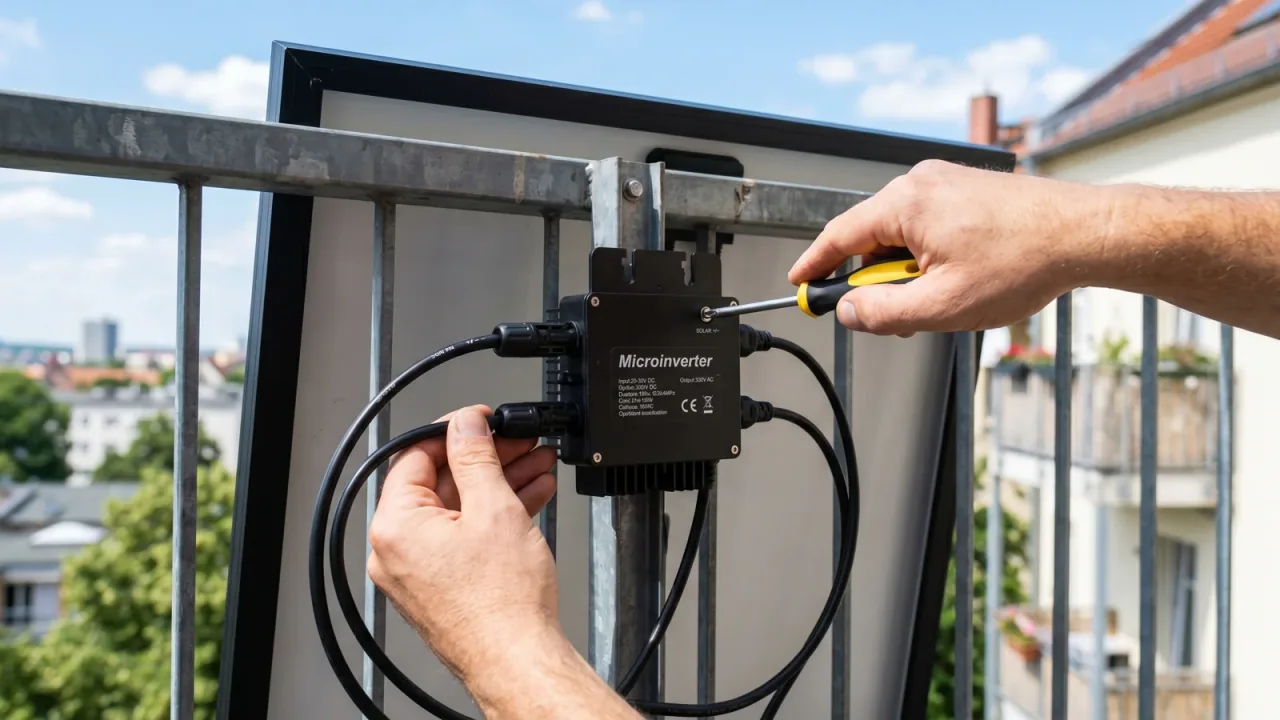 Zwei Hände montieren mit einem Schraubendreher einen schwarzen Mikrowechselrichter an einem Balkongeländer hinter einem Solarmodul, sonniger Himmel und Stadt im Hintergrund.