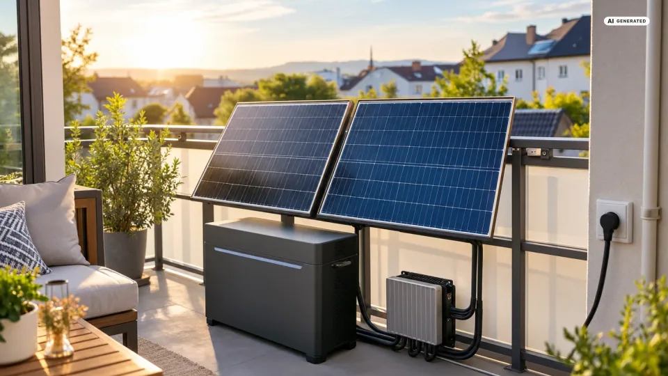 Zwei große Solarmodule an einem Balkongeländer, davor der Anschlussstecker in der Hand — ist ein Balkonkraftwerk mit 1000 Watt erlaubt und was ändert der Stecker daran?