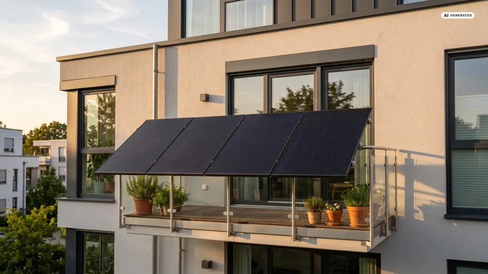 Vier dunkle Solarmodule an einem Balkongeländer eines Mehrfamilienhauses in warmem Nachmittagslicht — Sinnbild für ein Balkonkraftwerk mit 2000 Watt Modulleistung.