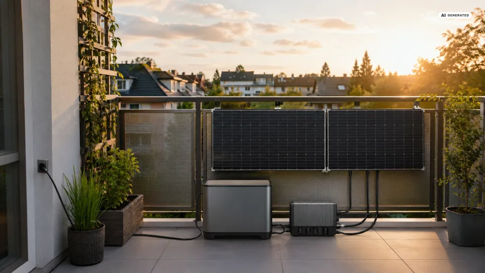 Zwei große Solarmodule hängen im Abendlicht am Geländer einer Terrasse, davor stehen auf dem Boden ein grauer Stromspeicher und ein kleiner Wechselrichter, in den mehrere Modulkabel laufen; ein Kabel führt zur Steckdose an der Hauswand — ein Balkonkraftwerk mit 3000 Watt Modulleistung sieht genau so aus, denn die Einspeisung bleibt bei 800 Voltampere.