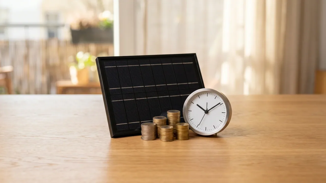 Ein schwarzes Solarmodul, gestapelte Euro-Münzen und eine runde Tischuhr als kompakte Gruppe auf hellem Holz — Sinnbild für die Balkonkraftwerk Amortisation.