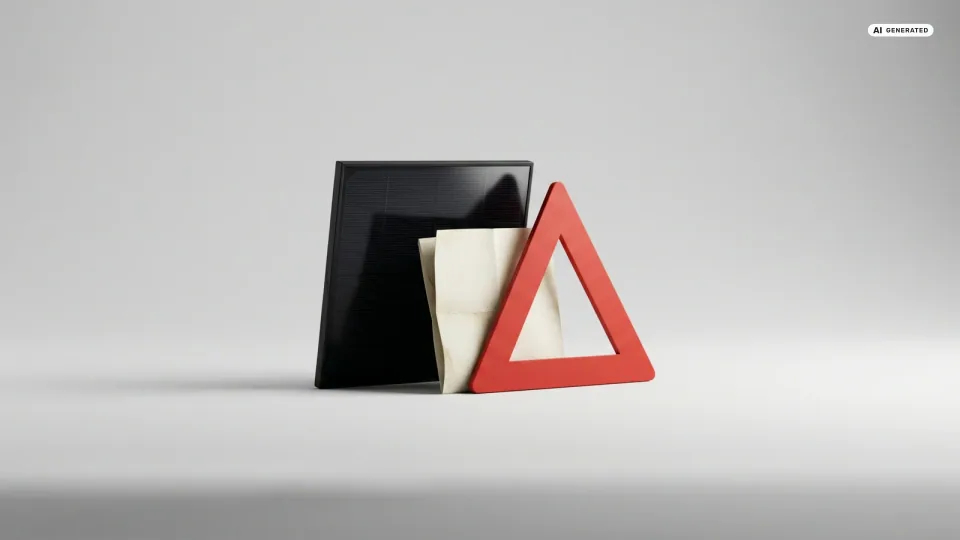 Ein kleines schwarzes Solarmodul, ein rotes Warndreieck und ein Dokument auf heller Fläche — Sinnbild dafür, was droht, wenn ein Balkonkraftwerk nicht angemeldet ist.