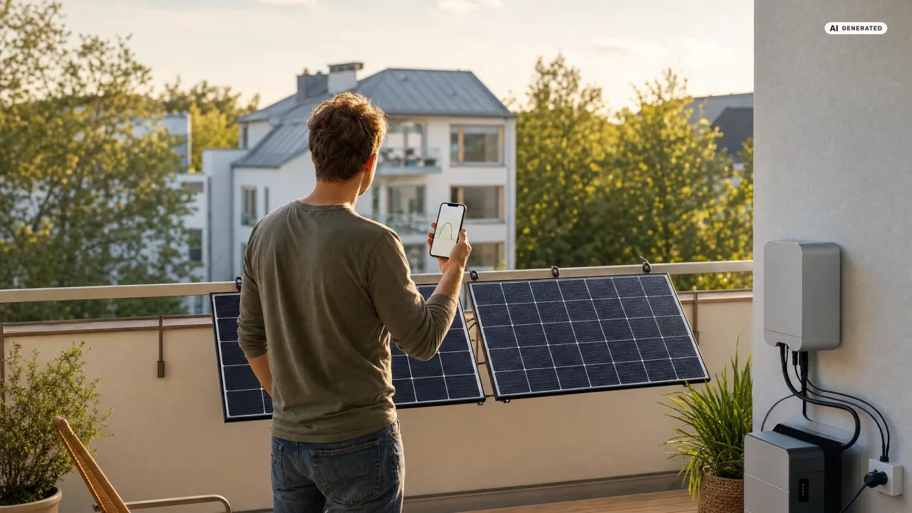 Person steht von hinten gesehen auf einem Balkon vor zwei Solarmodulen am Geländer und hält ein Smartphone, auf dem die Balkonkraftwerk App den Tagesverlauf der Leistung als Kurve zeigt; rechts an der Wand hängen Wechselrichter und Speicher