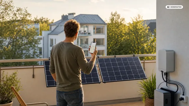 Person steht von hinten gesehen auf einem Balkon vor zwei Solarmodulen am Geländer und hält ein Smartphone, auf dem die Balkonkraftwerk App den Tagesverlauf der Leistung als Kurve zeigt; rechts an der Wand hängen Wechselrichter und Speicher