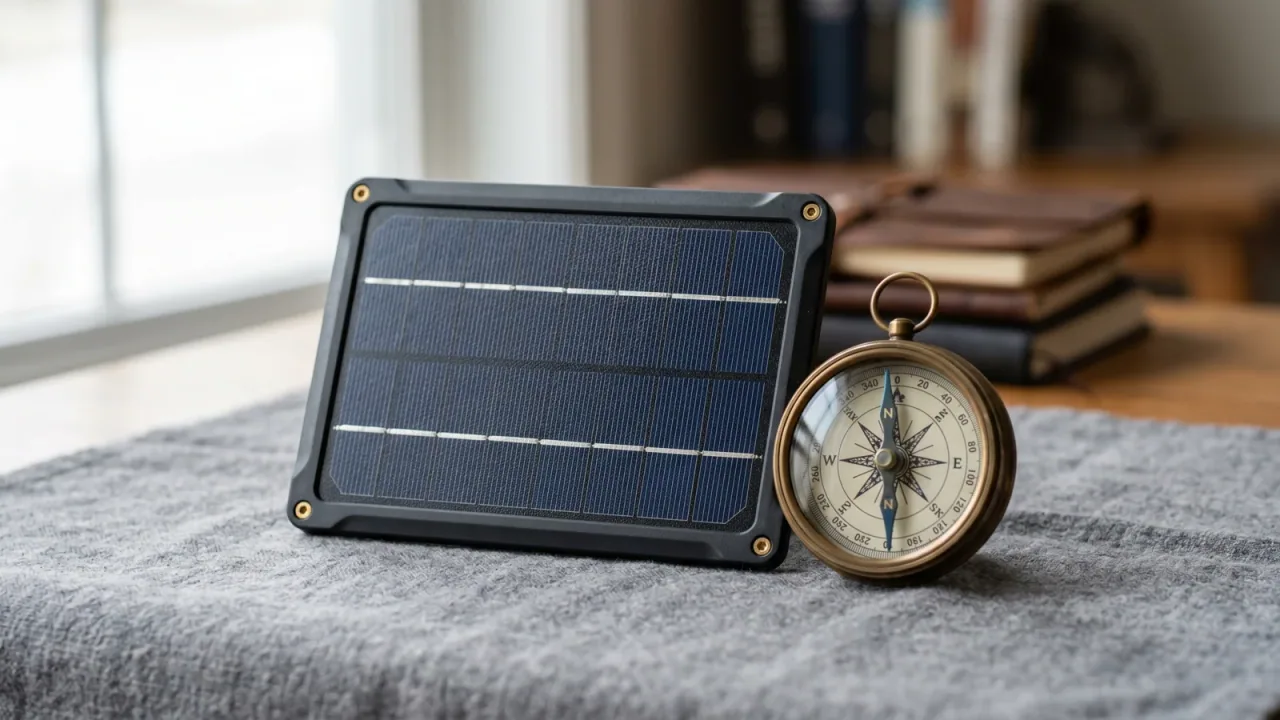 Ein Balkongeländer mit Solarmodulen und ein Kompass, der die Himmelsrichtungen zeigt — Sinnbild für die richtige Balkonkraftwerk-Ausrichtung.