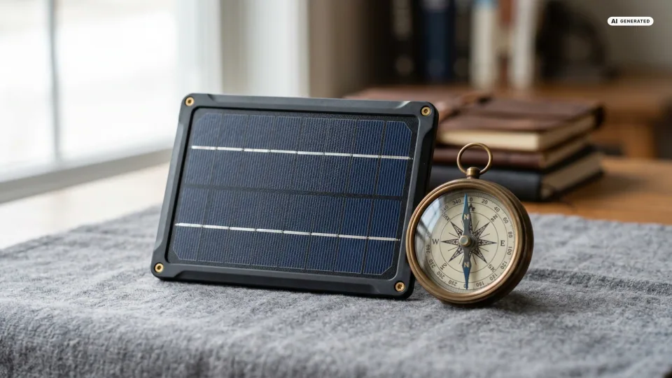 Ein Balkongeländer mit Solarmodulen und ein Kompass, der die Himmelsrichtungen zeigt — Sinnbild für die richtige Balkonkraftwerk-Ausrichtung.