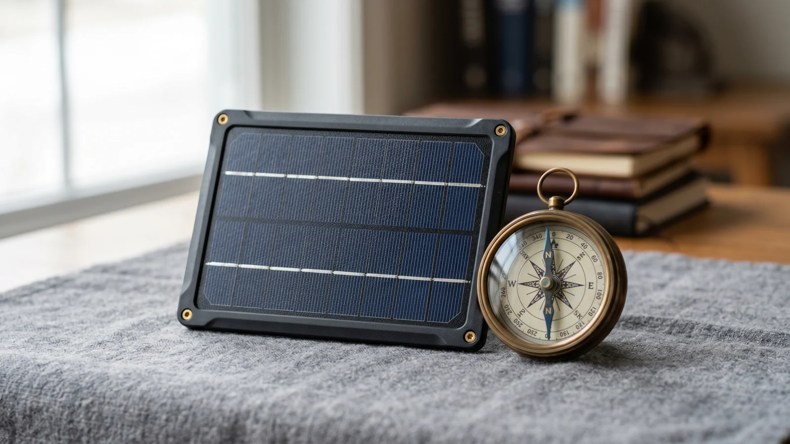 Ein Balkongeländer mit Solarmodulen und ein Kompass, der die Himmelsrichtungen zeigt — Sinnbild für die richtige Balkonkraftwerk-Ausrichtung.