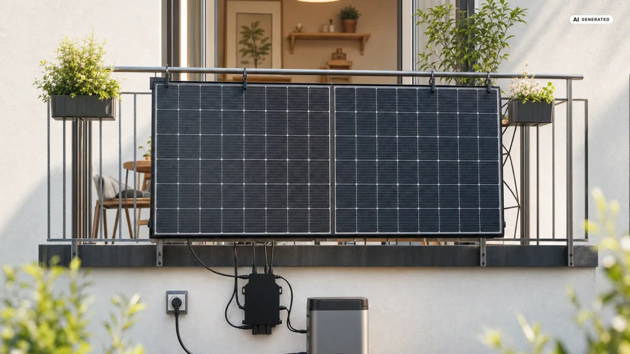 Zwei Solarmodule hängen außen an einem Balkongeländer, darunter sitzt an der Hauswand eine Außensteckdose mit eingestecktem Kabel, daneben Wechselrichter und Speicher — Sinnbild für die Balkonkraftwerk Außensteckdose.
