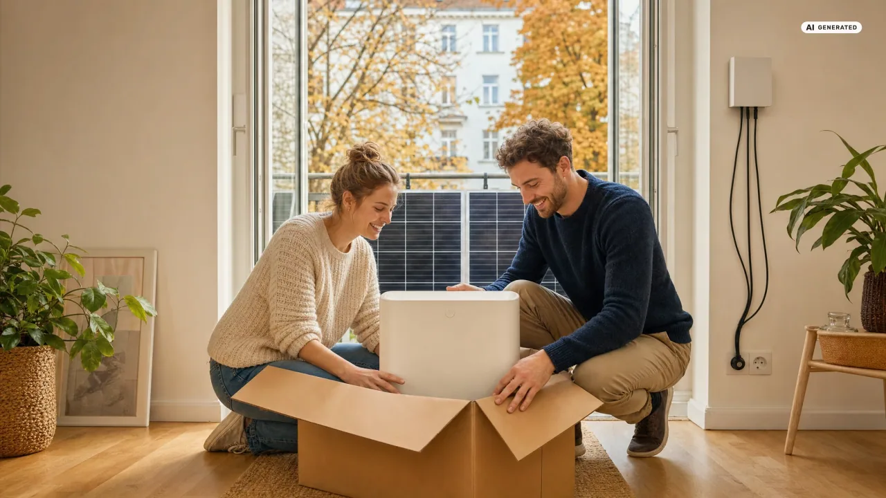 Black Friday Balkonkraftwerk: Ein Paar packt in einer hellen Altbauwohnung einen weißen Balkon-Speicher aus dem Versandkarton, hinter der offenen Balkontür hängen Solarmodule am Geländer, draußen Herbstlaub