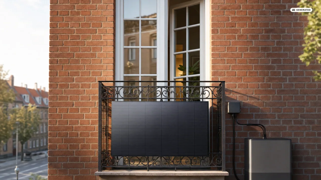 Ein mattschwarzes Solarmodul hängt hinter dem schmiedeeisernen Ziergitter eines Altbaubalkons aus rotem Backstein, daneben Wechselrichter und Speicher an der Wand — Balkonkraftwerk und Denkmalschutz im Alltag