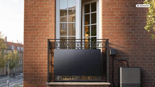 Ein mattschwarzes Solarmodul hängt hinter dem schmiedeeisernen Ziergitter eines Altbaubalkons aus rotem Backstein, daneben Wechselrichter und Speicher an der Wand — Balkonkraftwerk und Denkmalschutz im Alltag