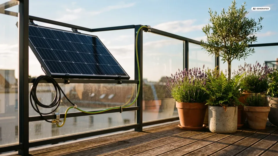 Flache Illustration eines schwarzen Solarmoduls an einem Metallgeländer, von dem ein grün-gelbes Schutzleiterkabel zu einer Erdungsschiene führt — Sinnbild für Erdung und Potentialausgleich beim Balkonkraftwerk.