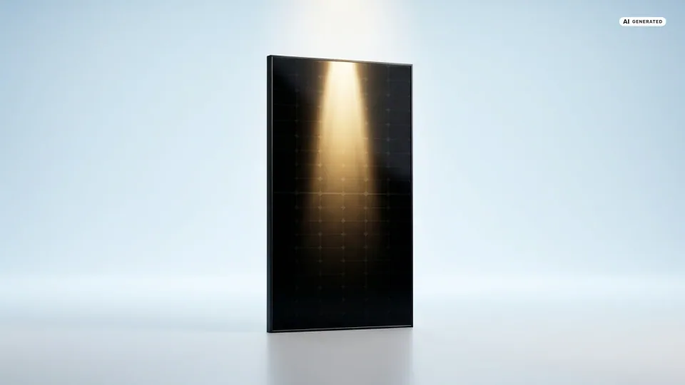 Ein schwarzes Solarmodul in warmem Licht auf heller Fläche — Sinnbild für den Balkonkraftwerk Ertrag pro Jahr in Kilowattstunden.