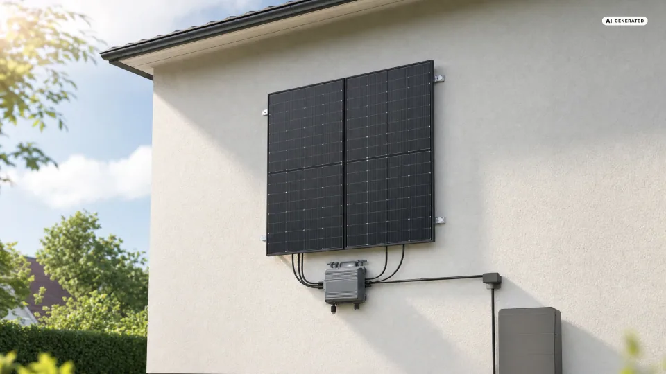 Balkonkraftwerk an der Fassade: Zwei Solarmodule hängen senkrecht an der verputzten Hauswand eines Wohnhauses, darunter der Wechselrichter.
