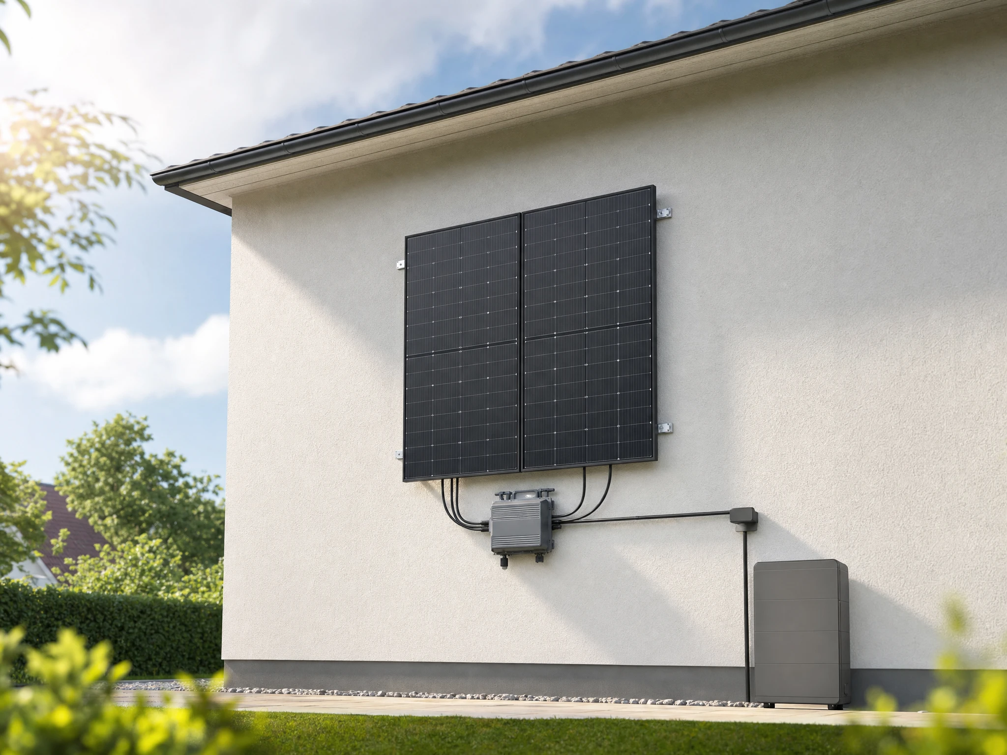 Balkonkraftwerk an der Fassade: Zwei Solarmodule hängen senkrecht an der verputzten Hauswand eines Wohnhauses, darunter der Wechselrichter.