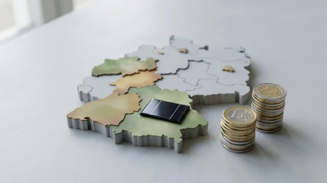 Eine Deutschlandkarte mit Solarmodul und Euro-Münzen, einzelne Regionen hervorgehoben — Sinnbild für die Balkonkraftwerk-Förderung 2026 nach Bund, Ländern und Kommunen.
