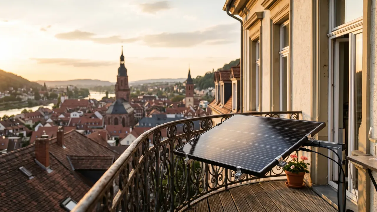 Altbau-Balkon mit Balkonkraftwerk-Solarmodul an der Brüstung im warmen Abendlicht, im Hintergrund die Dächer und ein Kirchturm einer Stadt im Rhein-Neckar-Raum.
