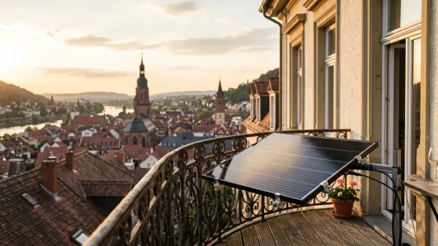 Altbau-Balkon mit Balkonkraftwerk-Solarmodul an der Brüstung im warmen Abendlicht, im Hintergrund die Dächer und ein Kirchturm einer Stadt im Rhein-Neckar-Raum.