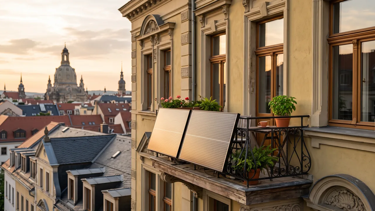 Balkonkraftwerk mit zwei Solarmodulen an einem sanierten Altbau-Balkon in Sachsen im warmen Abendlicht, im Hintergrund eine Dresdner Häuserzeile — Sinnbild für Steckersolar, das sich auch ohne Landeszuschuss trägt.