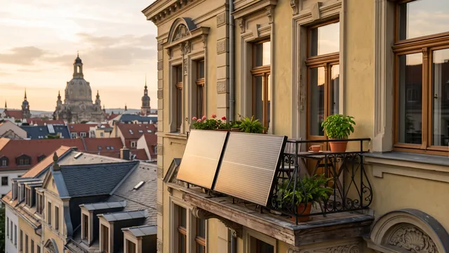 Balkonkraftwerk mit zwei Solarmodulen an einem sanierten Altbau-Balkon in Sachsen im warmen Abendlicht, im Hintergrund eine Dresdner Häuserzeile — Sinnbild für Steckersolar, das sich auch ohne Landeszuschuss trägt.