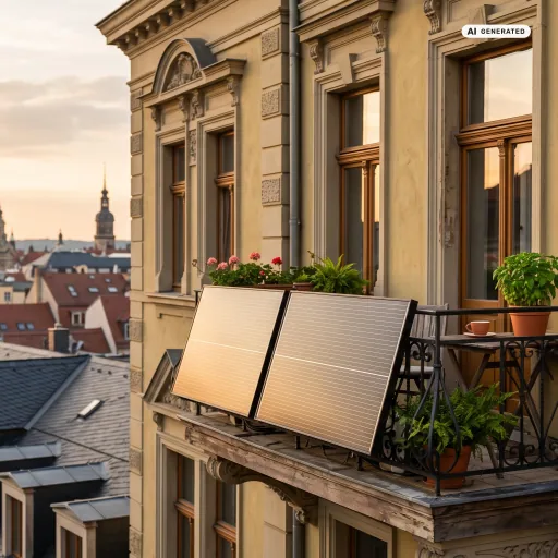 Balkonkraftwerk mit zwei Solarmodulen an einem sanierten Altbau-Balkon in Sachsen im warmen Abendlicht, im Hintergrund eine Dresdner Häuserzeile — Sinnbild für Steckersolar, das sich auch ohne Landeszuschuss trägt.