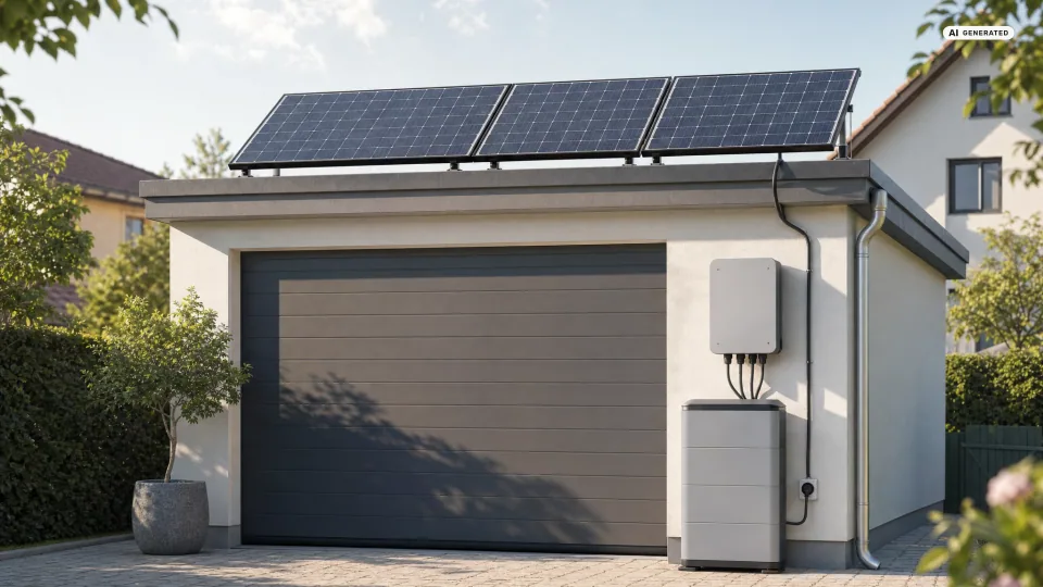 Zwei aufgeständerte Solarmodule stehen auf dem Flachdach einer Betongarage neben einem Wohnhaus — ein Balkonkraftwerk auf der Garage statt am Balkongeländer.