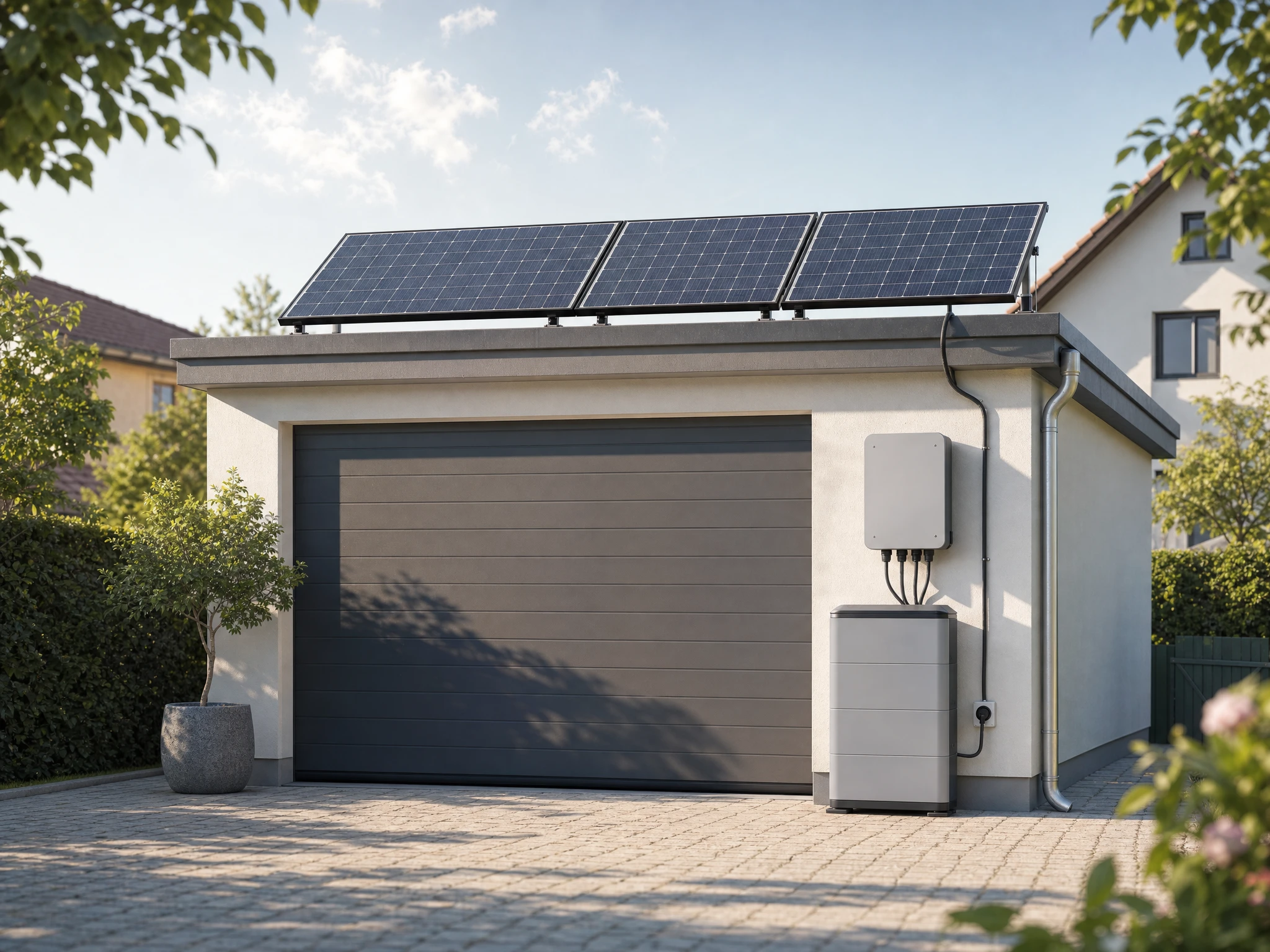 Zwei aufgeständerte Solarmodule stehen auf dem Flachdach einer Betongarage neben einem Wohnhaus — ein Balkonkraftwerk auf der Garage statt am Balkongeländer.