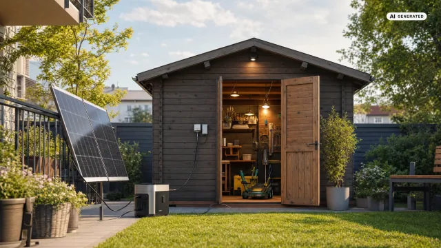 Ein Solarmodul liegt aufgeständert auf dem flachen Dach eines hölzernen Gartenhauses im Grünen — ein Balkonkraftwerk am Gartenhaus statt am Balkon.