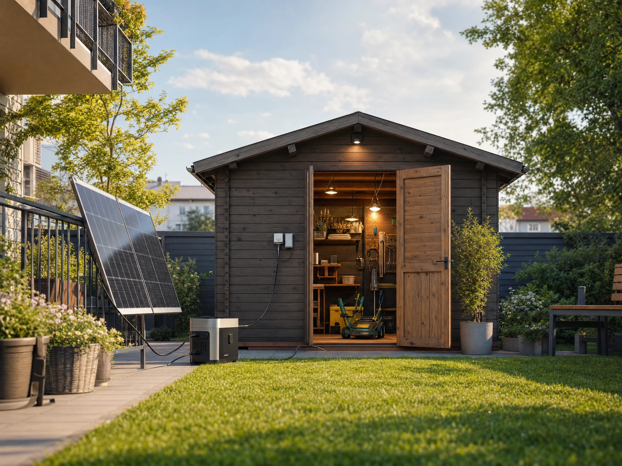 Ein Solarmodul liegt aufgeständert auf dem flachen Dach eines hölzernen Gartenhauses im Grünen — ein Balkonkraftwerk am Gartenhaus statt am Balkon.