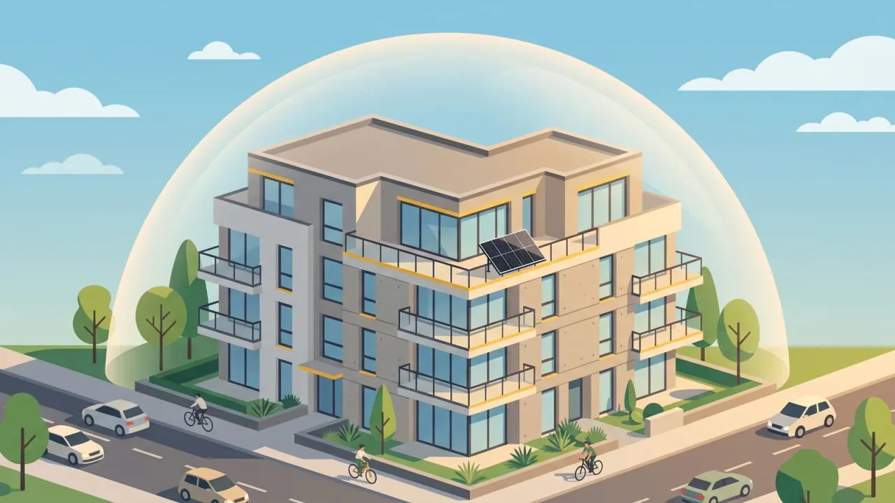 Ein Mehrfamilienhaus mit Solarmodul am Balkongeländer, darüber ein schützender Schirm als Sinnbild für die Gebäudeversicherung beim Balkonkraftwerk — flache Illustration in Solar-Gelb und Grün.