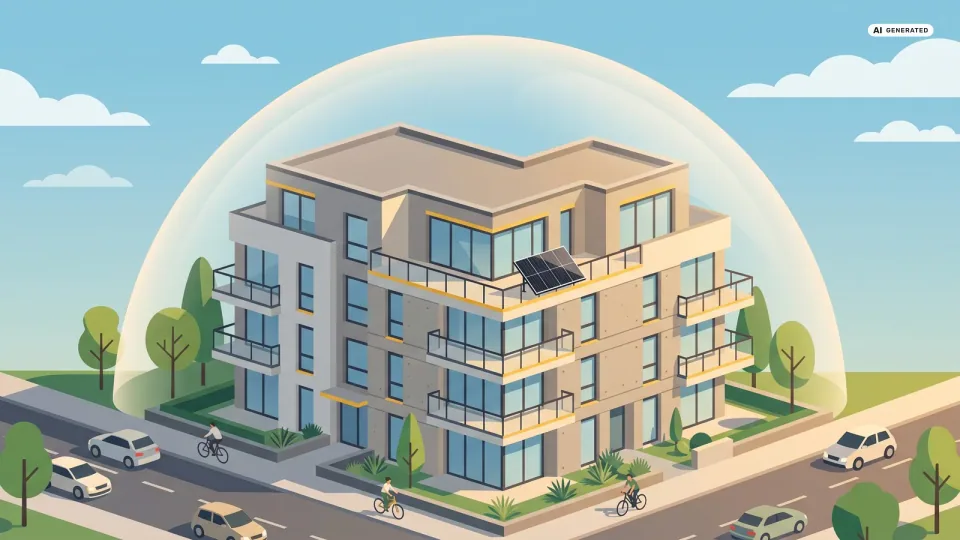 Ein Mehrfamilienhaus mit Solarmodul am Balkongeländer, darüber ein schützender Schirm als Sinnbild für die Gebäudeversicherung beim Balkonkraftwerk — flache Illustration in Solar-Gelb und Grün.