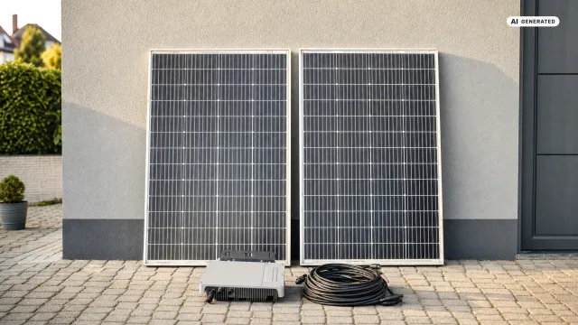 Balkonkraftwerk gebraucht kaufen: Zwei ausgebaute Solarmodule lehnen an einer Hauswand, daneben ein gebrauchter Wechselrichter und aufgerollte Kabel.