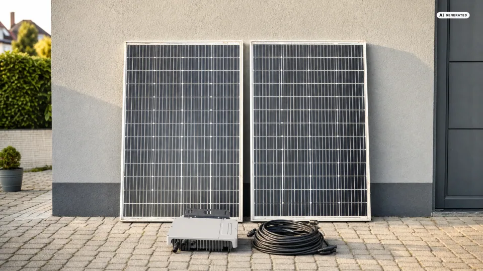 Balkonkraftwerk gebraucht kaufen: Zwei ausgebaute Solarmodule lehnen an einer Hauswand, daneben ein gebrauchter Wechselrichter und aufgerollte Kabel.