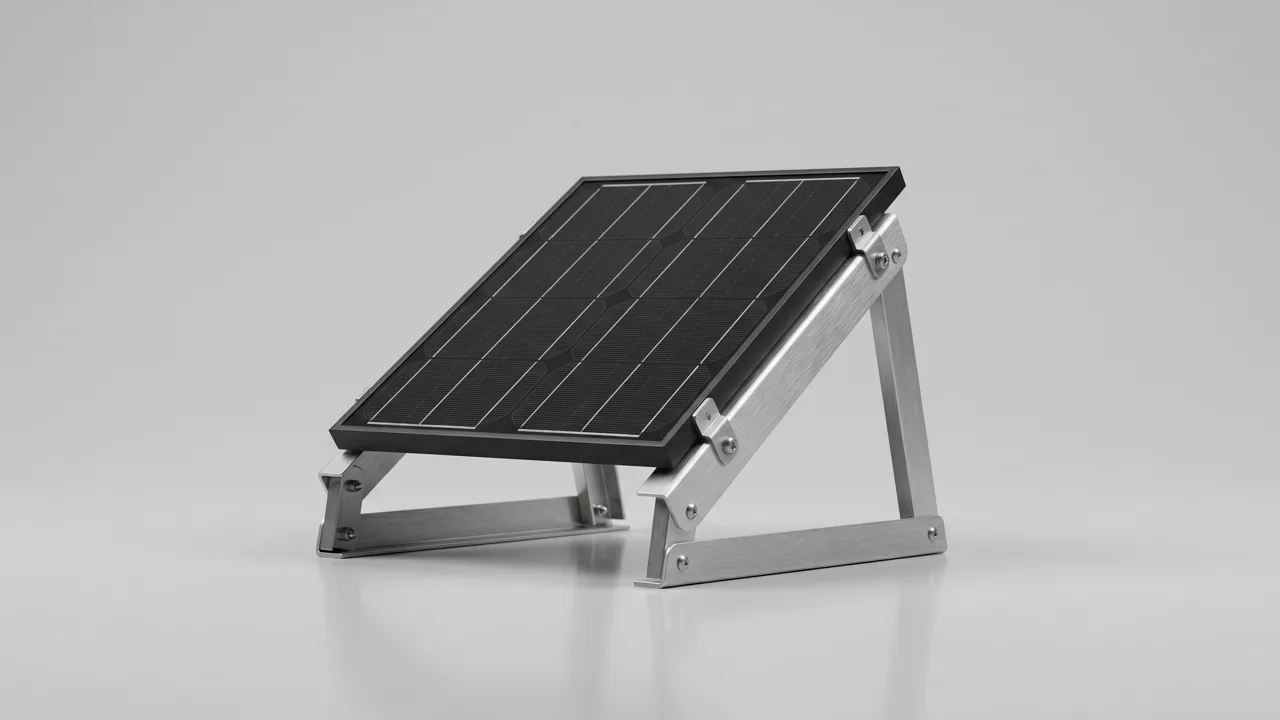 Ein schwarzes Solarmodul auf einer Aluminium-Aufständerung fürs Flachdach, mittig auf heller Fläche — Sinnbild für die richtige Halterung.