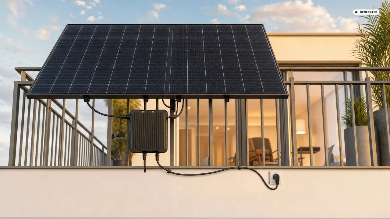 Balkonkraftwerk 2026: mattschwarzes Solarmodul am Geländer eines modernen Balkons, darunter der Wechselrichter, von dem das Kabel sichtbar zur Außensteckdose führt.