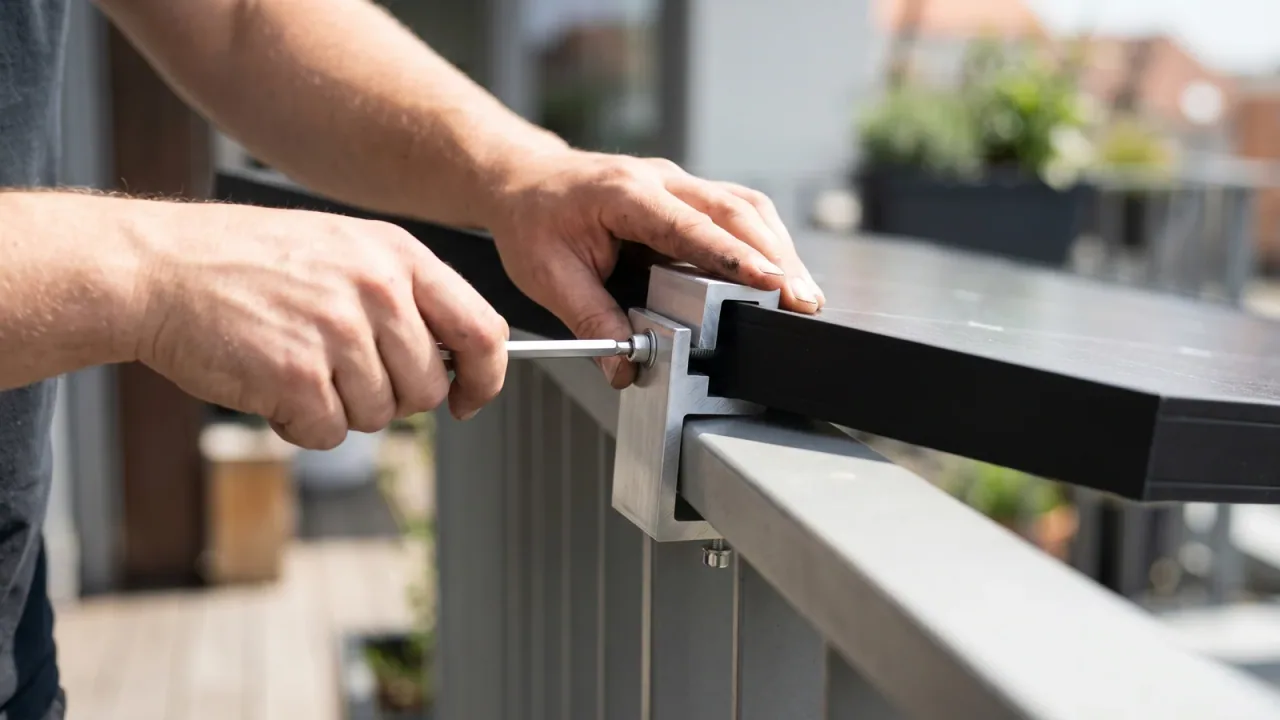 Zwei Hände installieren ein schwarzes Solarmodul eines Balkonkraftwerks mit einer Aluminium-Klemme am Balkongeländer im Sonnenlicht — Sinnbild für die schnelle Montage.